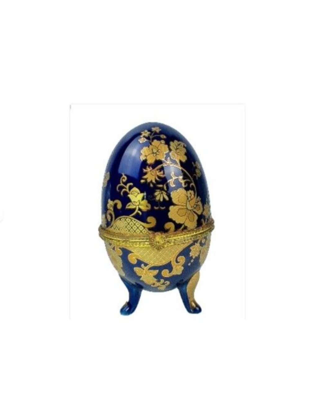 Vintage Limoges Style 24K Porcelain Egg Trinket Box Cobalt Blue Floral Gold